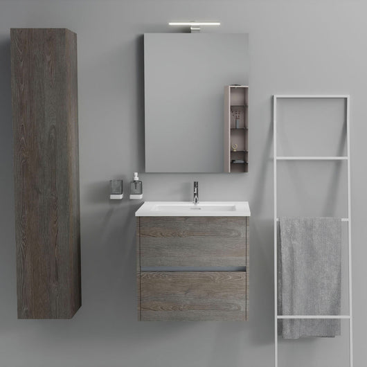 Inda - Mobile bagno 2 cassetti L.60 con lavabo specchio e lampada - Olmo fumè