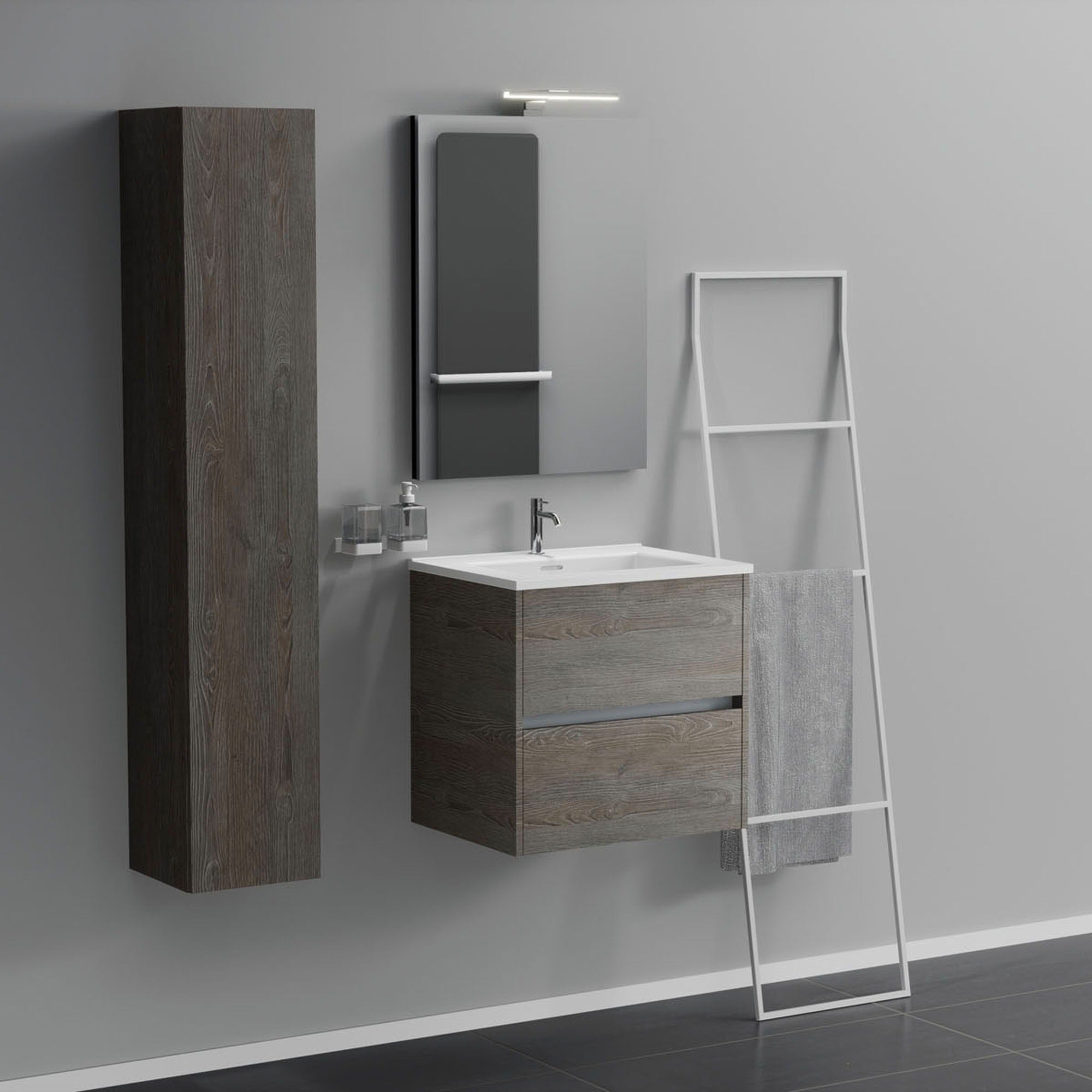 Inda - Mobile bagno 2 cassetti L.60 con lavabo specchio e lampada - Olmo fumè