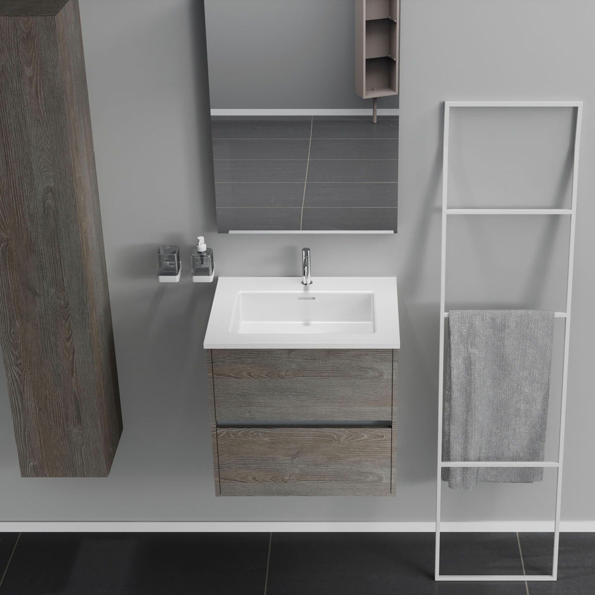 Inda - Mobile bagno 2 cassetti L.60 con lavabo specchio e lampada - Olmo fumè