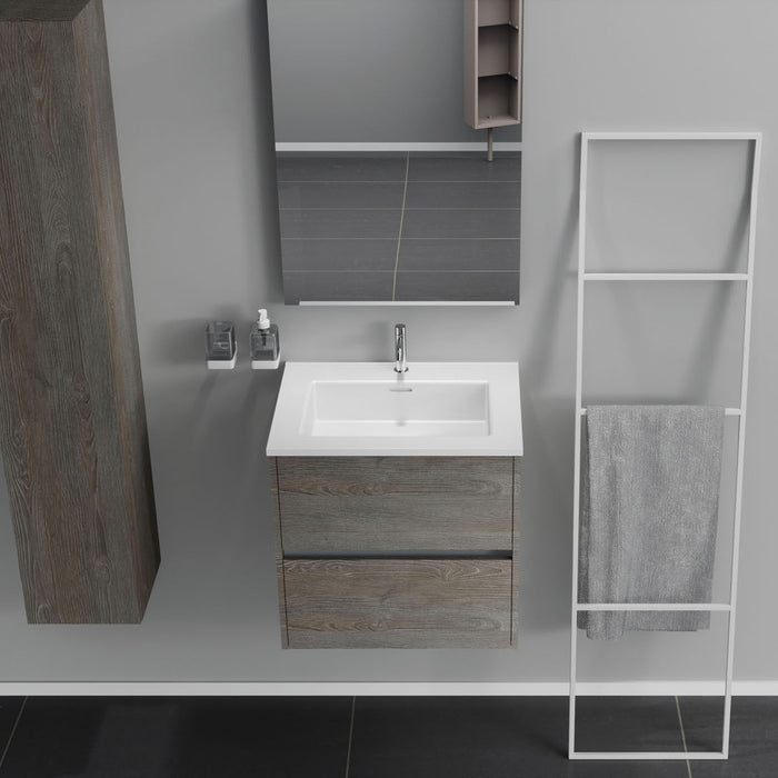 Inda - Mobile bagno 2 cassetti L.60 con lavabo specchio e lampada - Olmo fumè