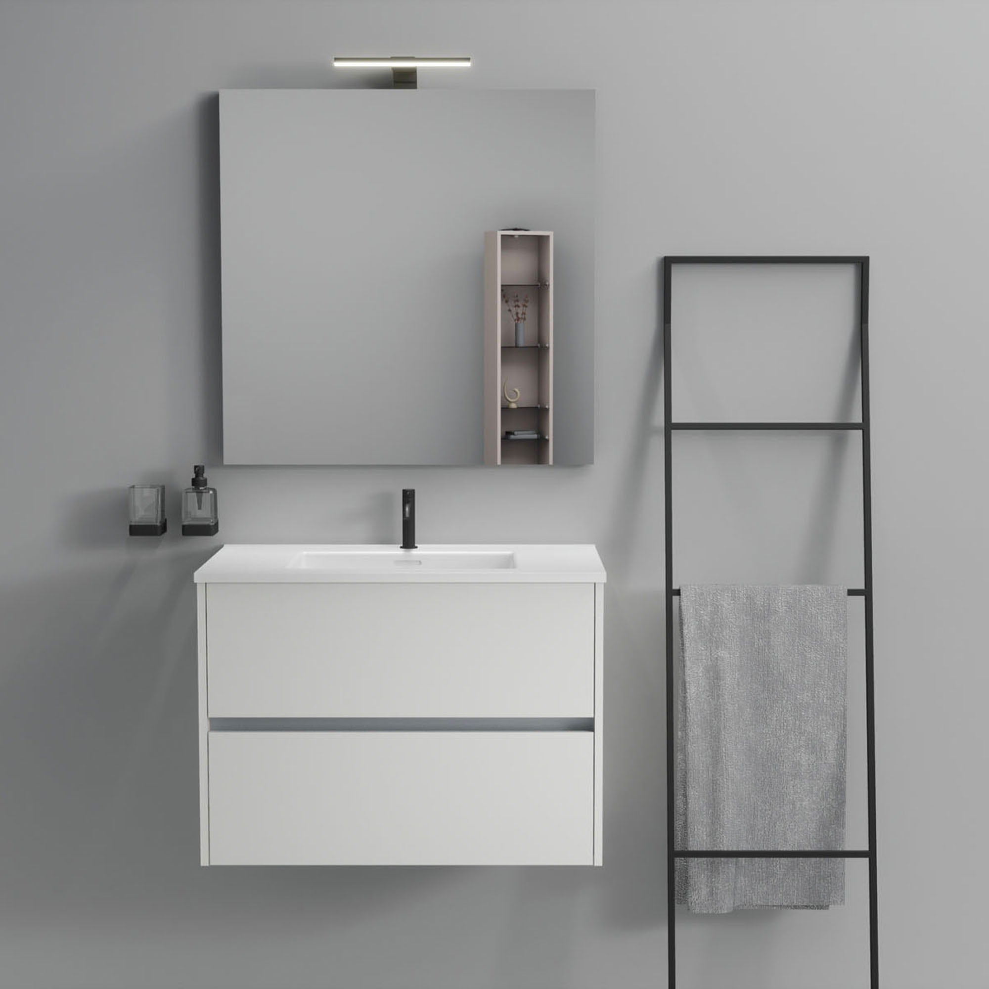 Inda - Mobile bagno 2 cassetti L.80 con lavabo specchio e lampada - Bianco opaco