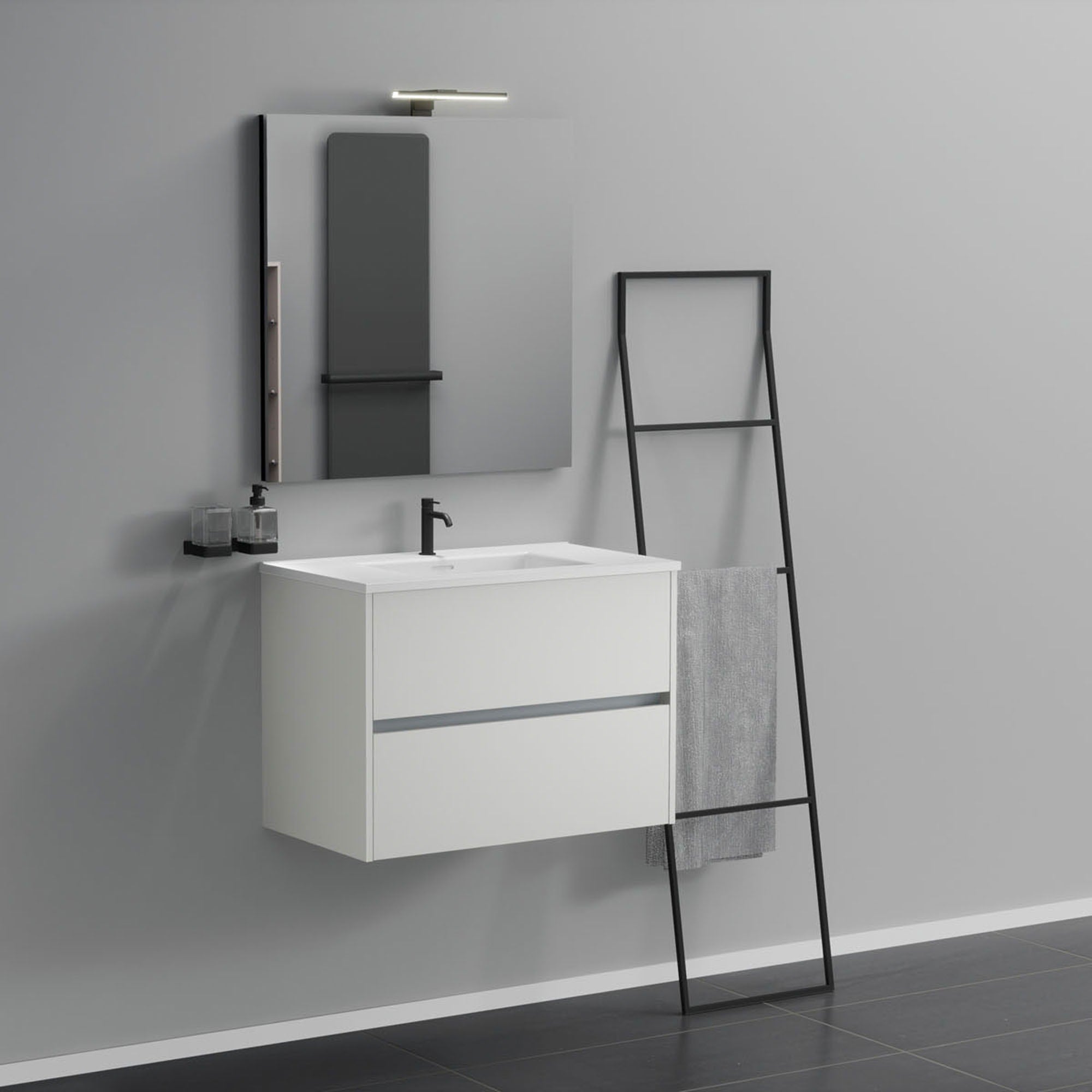 Inda - Mobile bagno 2 cassetti L.80 con lavabo specchio e lampada - Bianco opaco