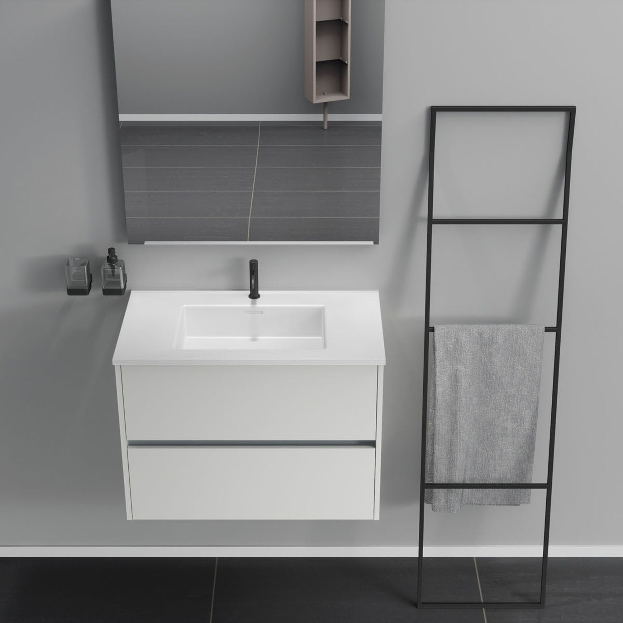 Inda - Mobile bagno 2 cassetti L.80 con lavabo specchio e lampada - Bianco opaco