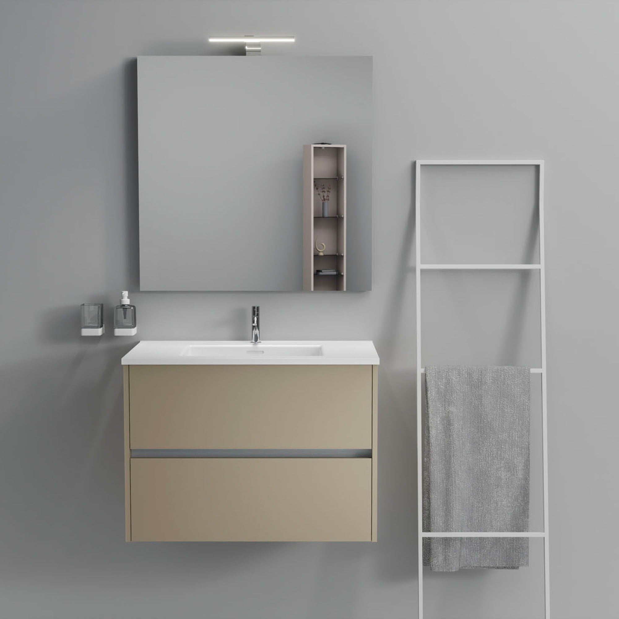 Inda - Mobile bagno 2 cassetti L.80 con lavabo specchio e lampada - Terra di luna opaco