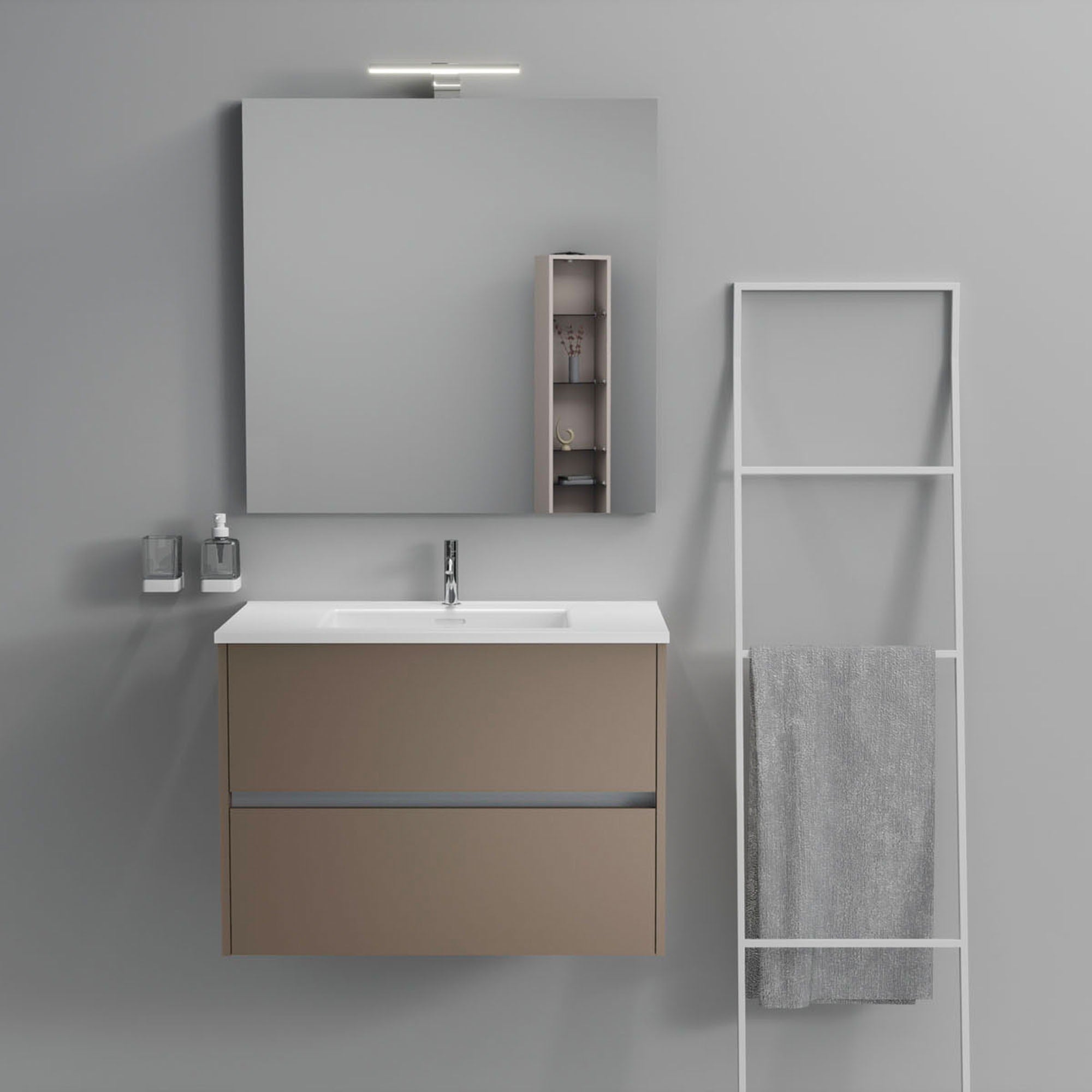 Inda - Mobile bagno 2 cassetti L.80 con lavabo specchio e lampada - Visone opaco