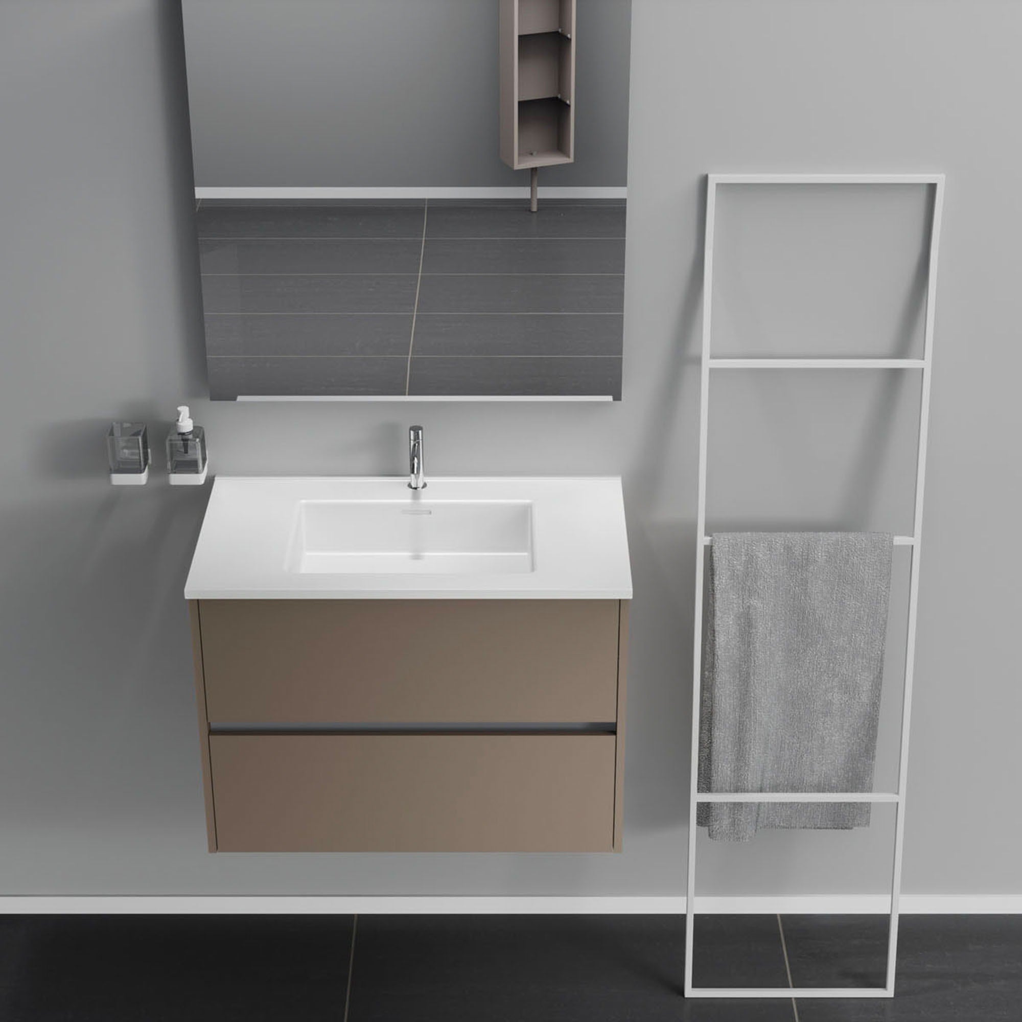 Inda - Mobile bagno 2 cassetti L.80 con lavabo specchio e lampada - Visone opaco