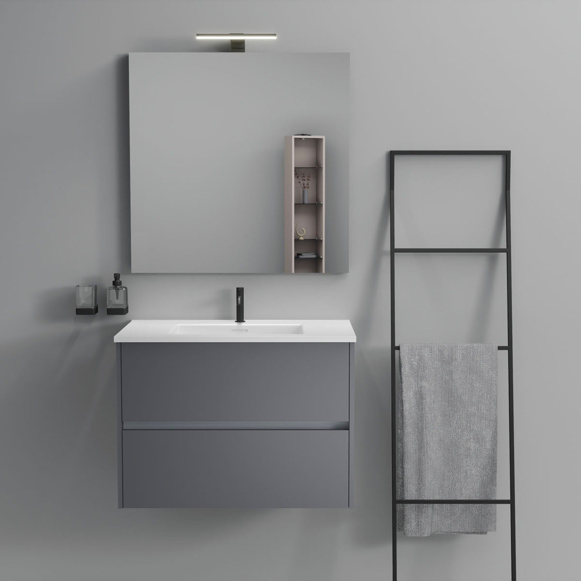 Inda - Mobile bagno 2 cassetti L.80 con lavabo specchio e lampada - Titanio opaco