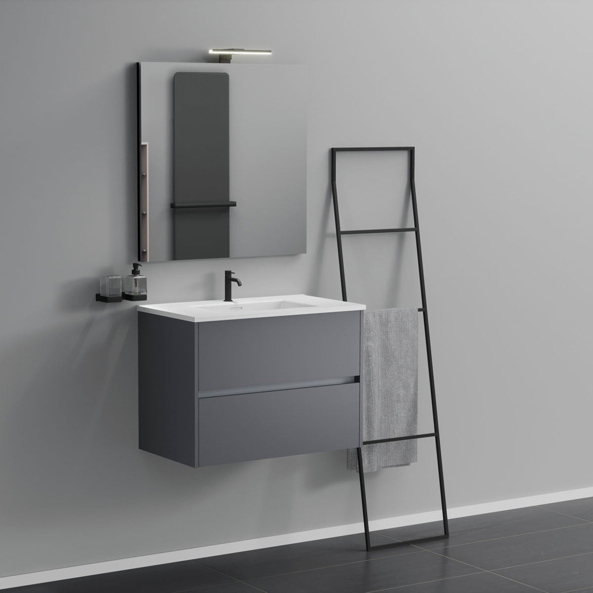 Inda - Mobile bagno 2 cassetti L.80 con lavabo specchio e lampada - Titanio opaco