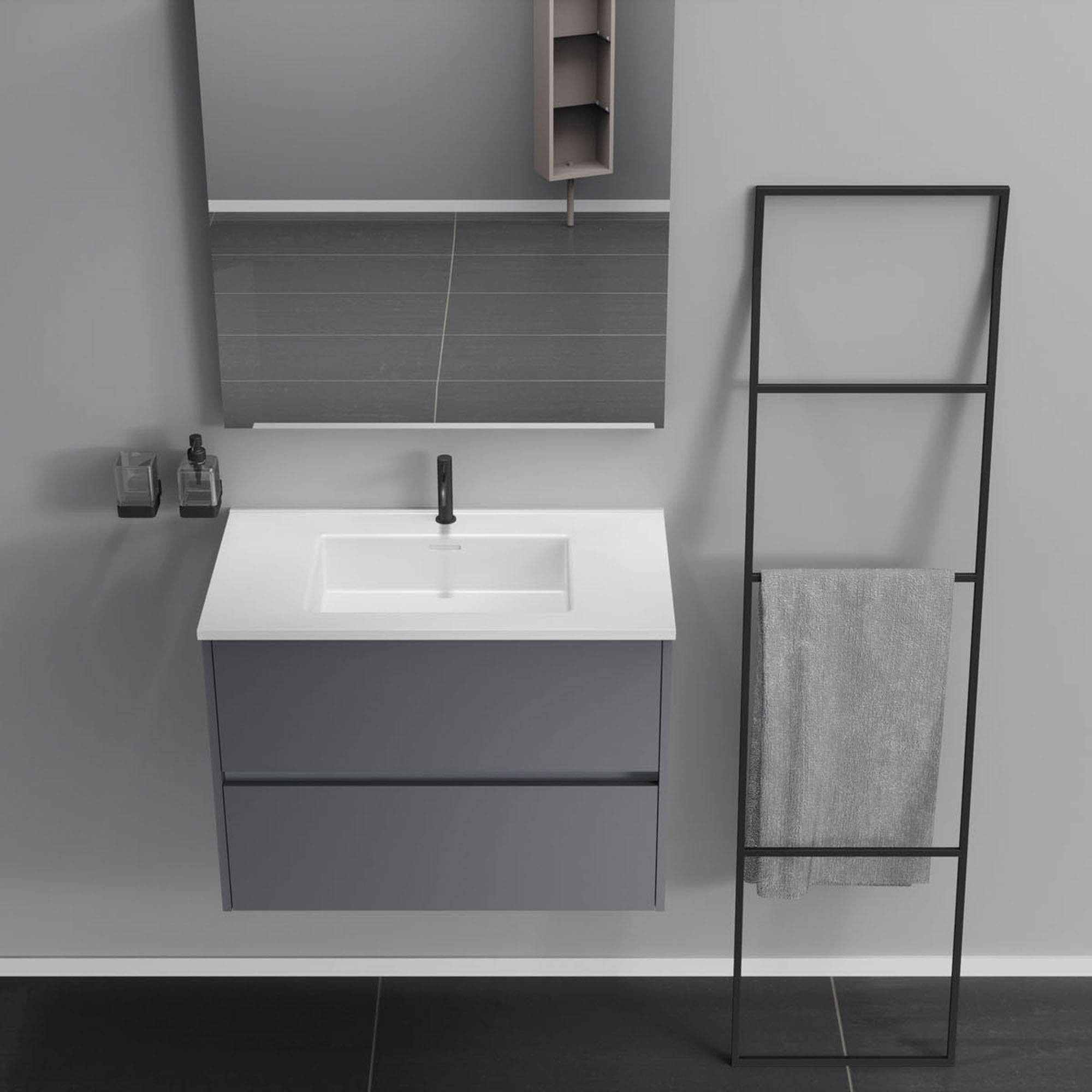 Inda - Mobile bagno 2 cassetti L.80 con lavabo specchio e lampada - Titanio opaco