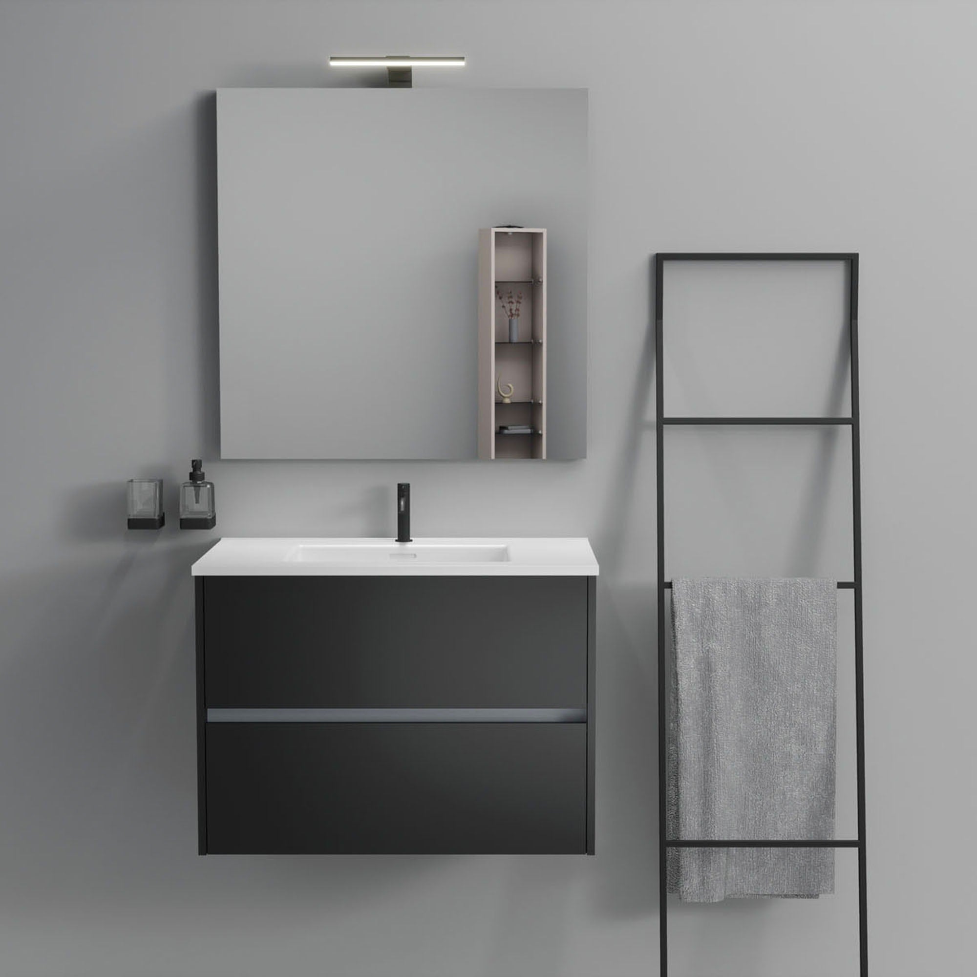 Inda - Mobile bagno 2 cassetti L.80 con lavabo specchio e lampada - Nero opaco