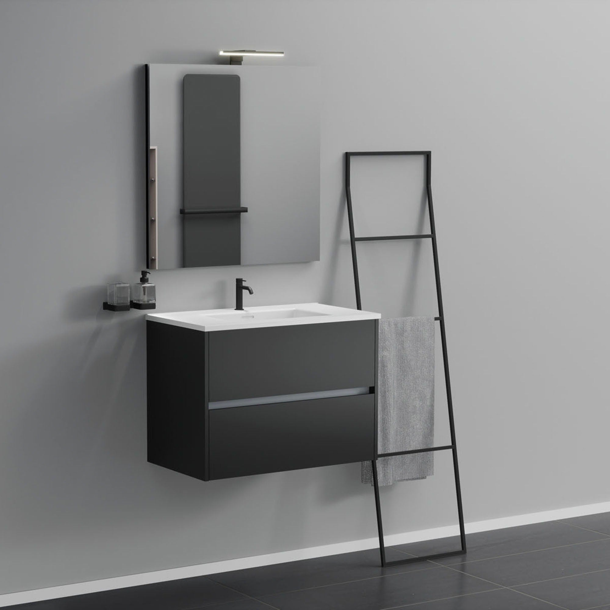 Inda - Mobile bagno 2 cassetti L.80 con lavabo specchio e lampada - Nero opaco