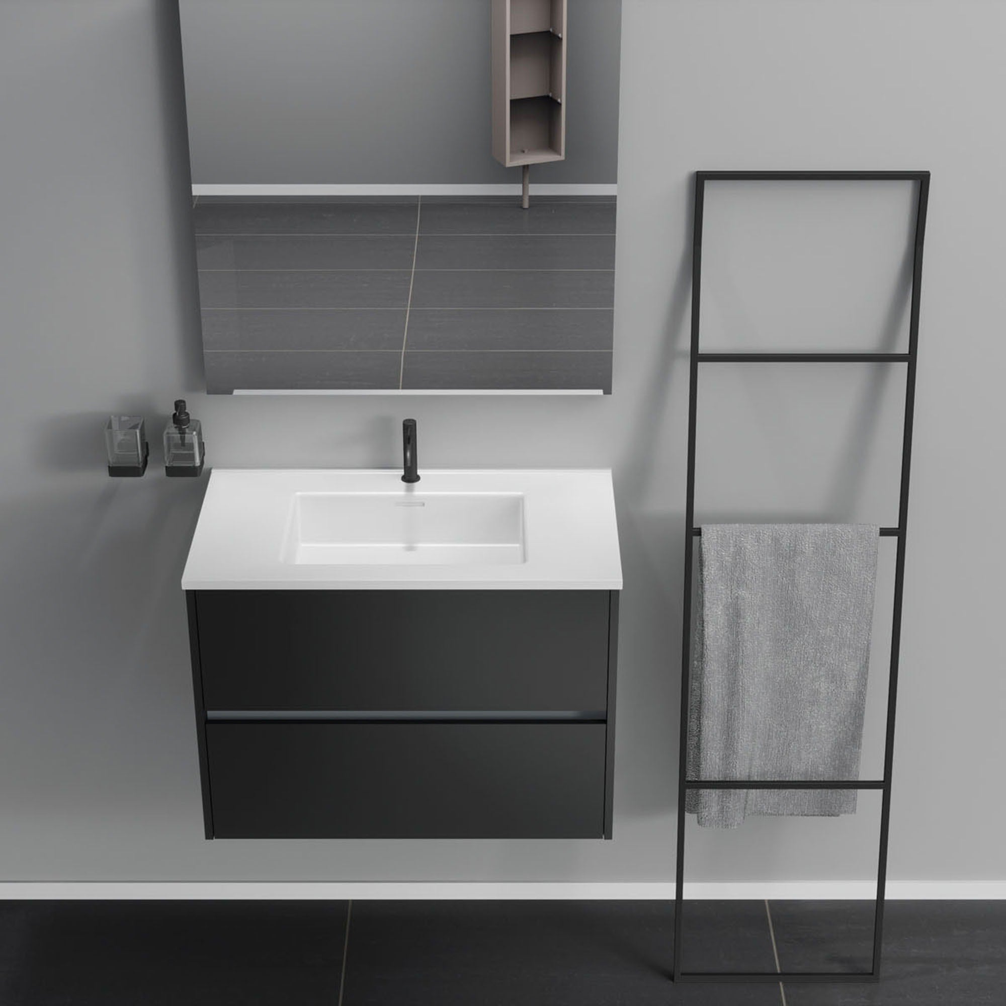 Inda - Mobile bagno 2 cassetti L.80 con lavabo specchio e lampada - Nero opaco