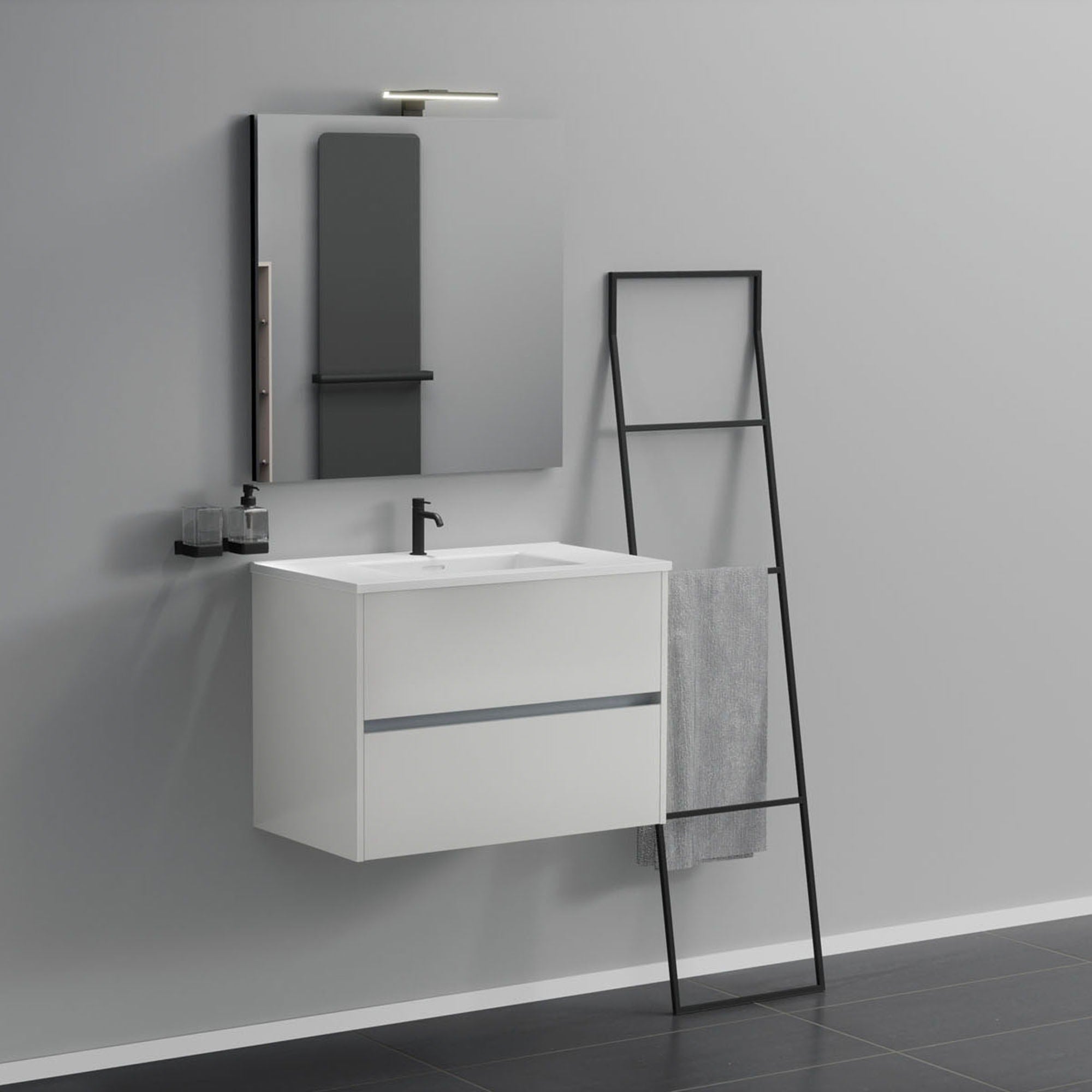 Inda - Mobile bagno 2 cassetti L.80 con lavabo specchio e lampada - Bianco lucido