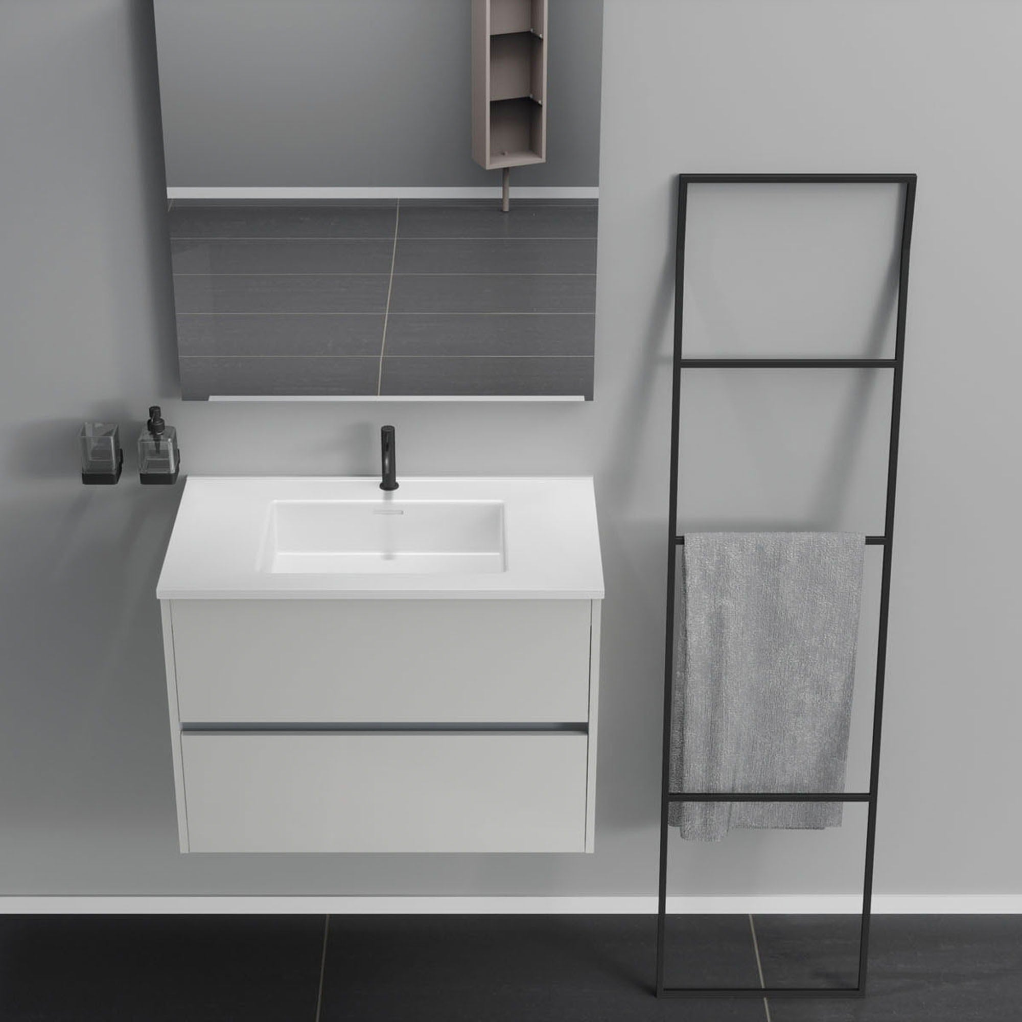 Inda - Mobile bagno 2 cassetti L.80 con lavabo specchio e lampada - Bianco lucido