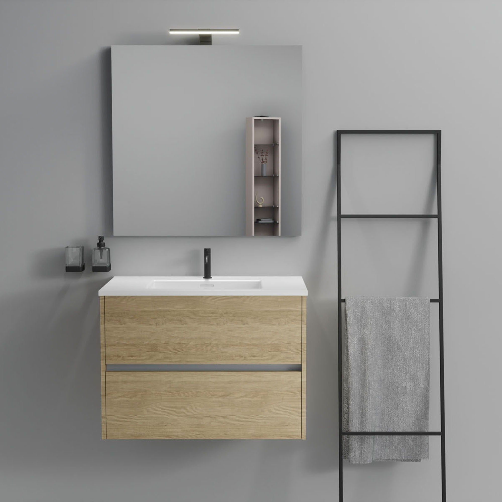 Inda - Mobile bagno 2 cassetti L.80 con lavabo specchio e lampada - Rovere naturale