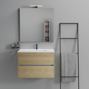 Inda - Mobile bagno 2 cassetti L.80 con lavabo specchio e lampada - Rovere naturale