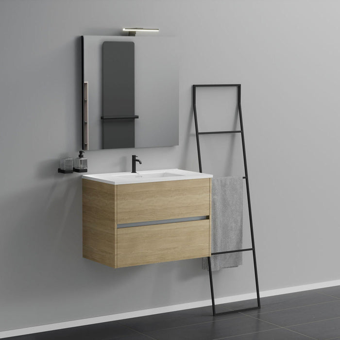 Inda - Mobile bagno 2 cassetti L.80 con lavabo specchio e lampada - Rovere naturale