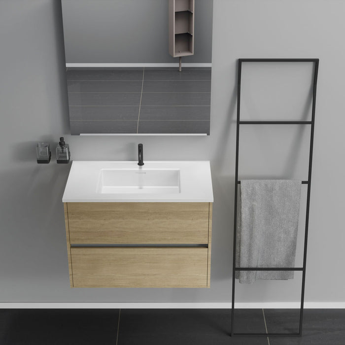 Inda - Mobile bagno 2 cassetti L.80 con lavabo specchio e lampada - Rovere naturale
