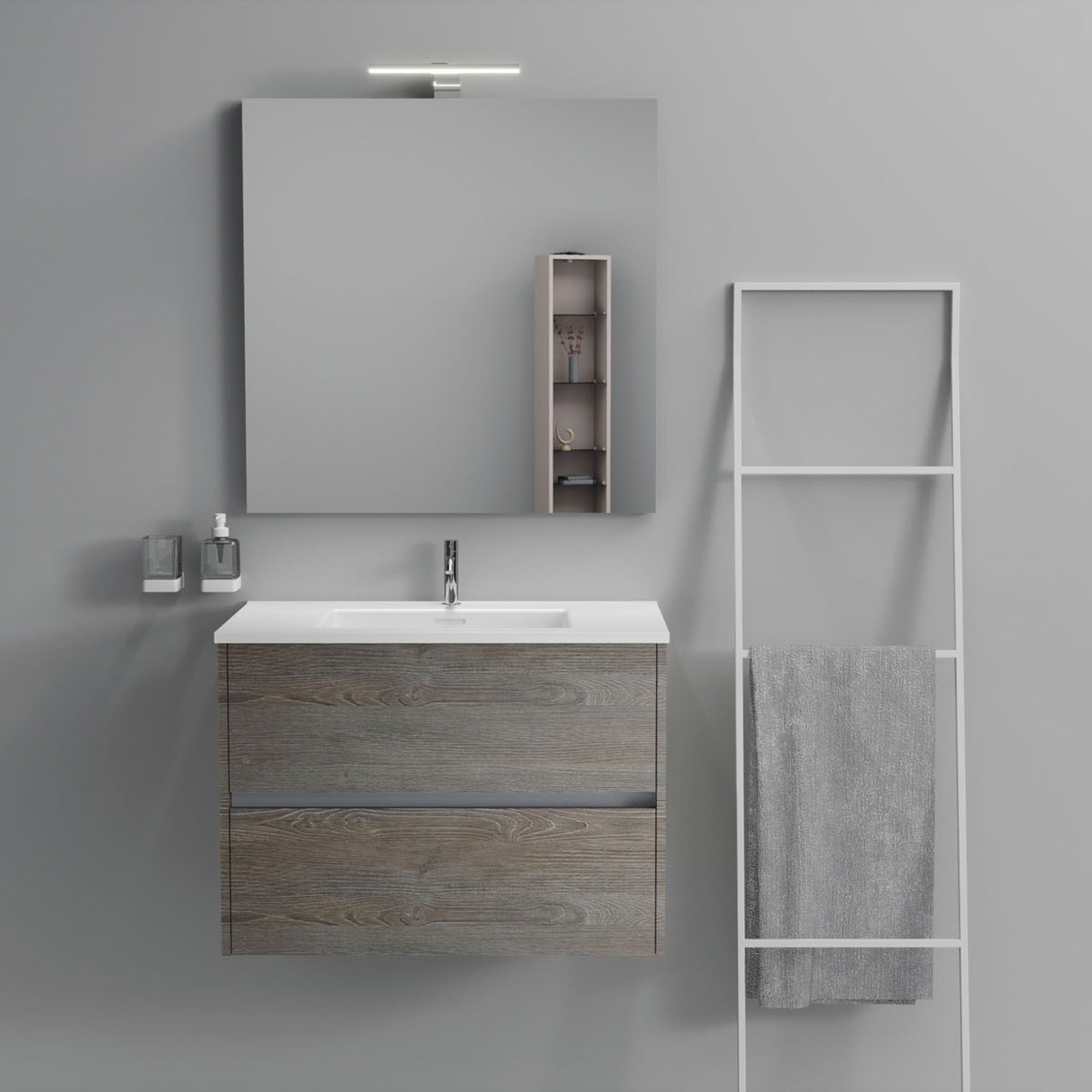 Inda - Mobile bagno 2 cassetti L.80 con lavabo specchio e lampada - Olmo fumè