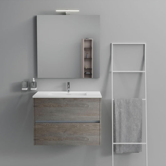Inda - Mobile bagno 2 cassetti L.80 con lavabo specchio e lampada - Olmo fumè