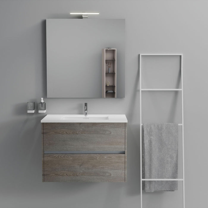 Inda - Mobile bagno 2 cassetti L.80 con lavabo specchio e lampada - Olmo fumè