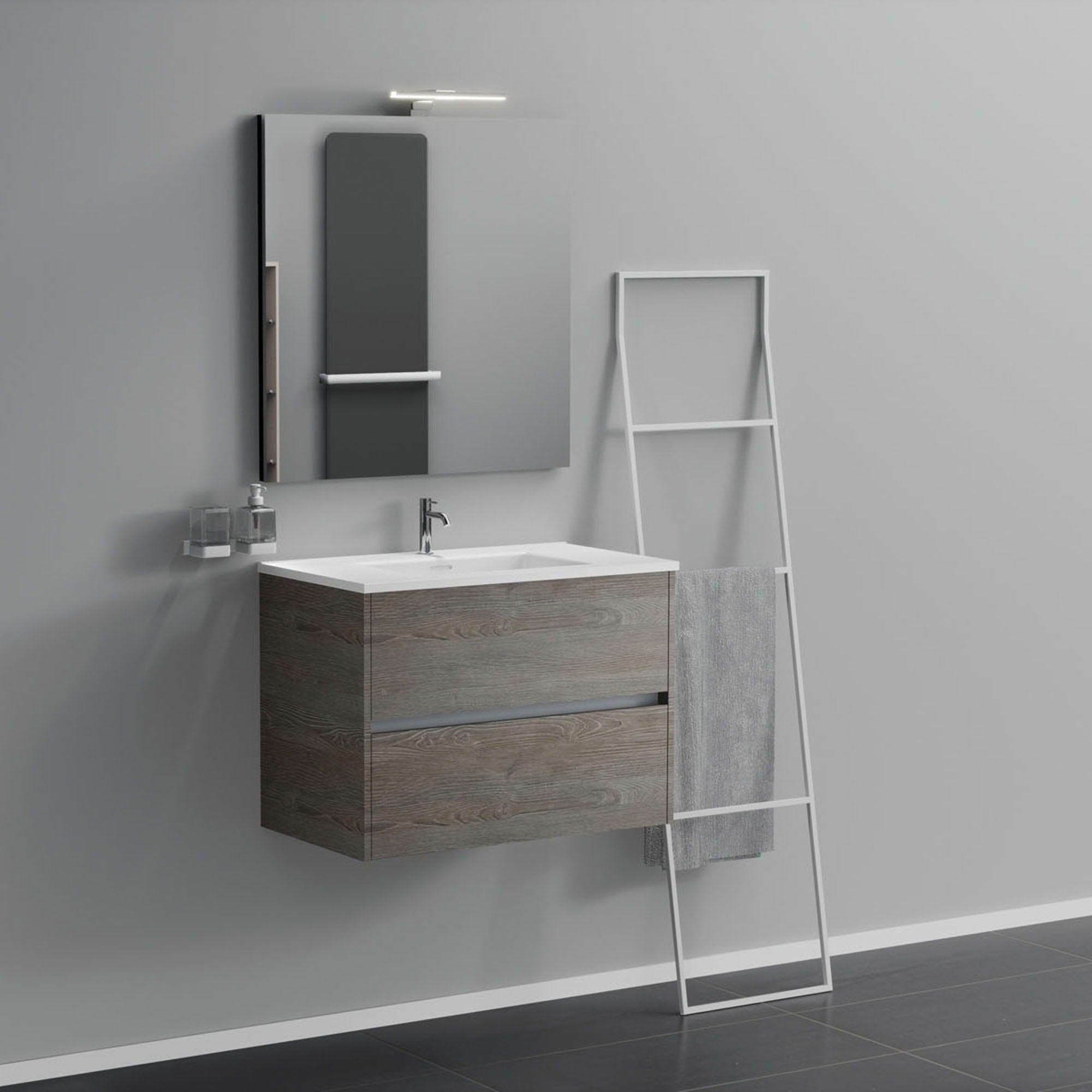 Inda - Mobile bagno 2 cassetti L.80 con lavabo specchio e lampada - Olmo fumè