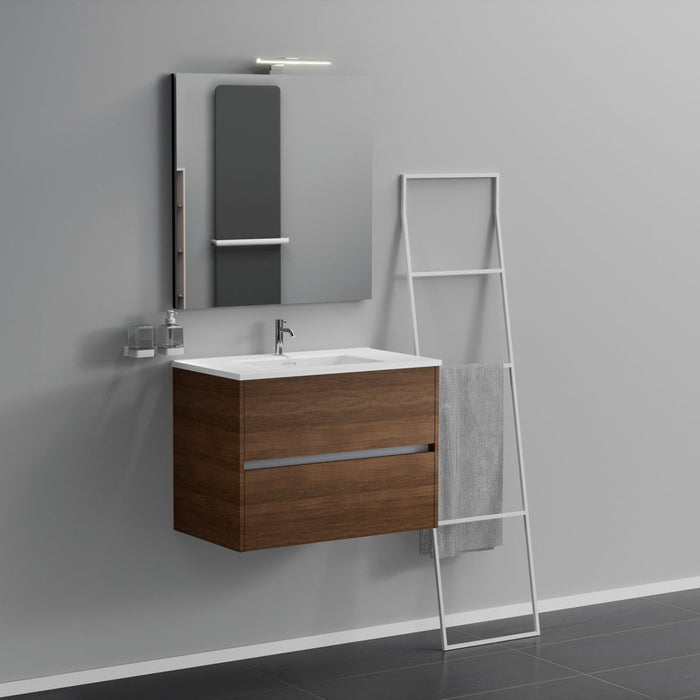 Inda - Mobile bagno 2 cassetti L.80 con lavabo specchio e lampada - Rovere castano