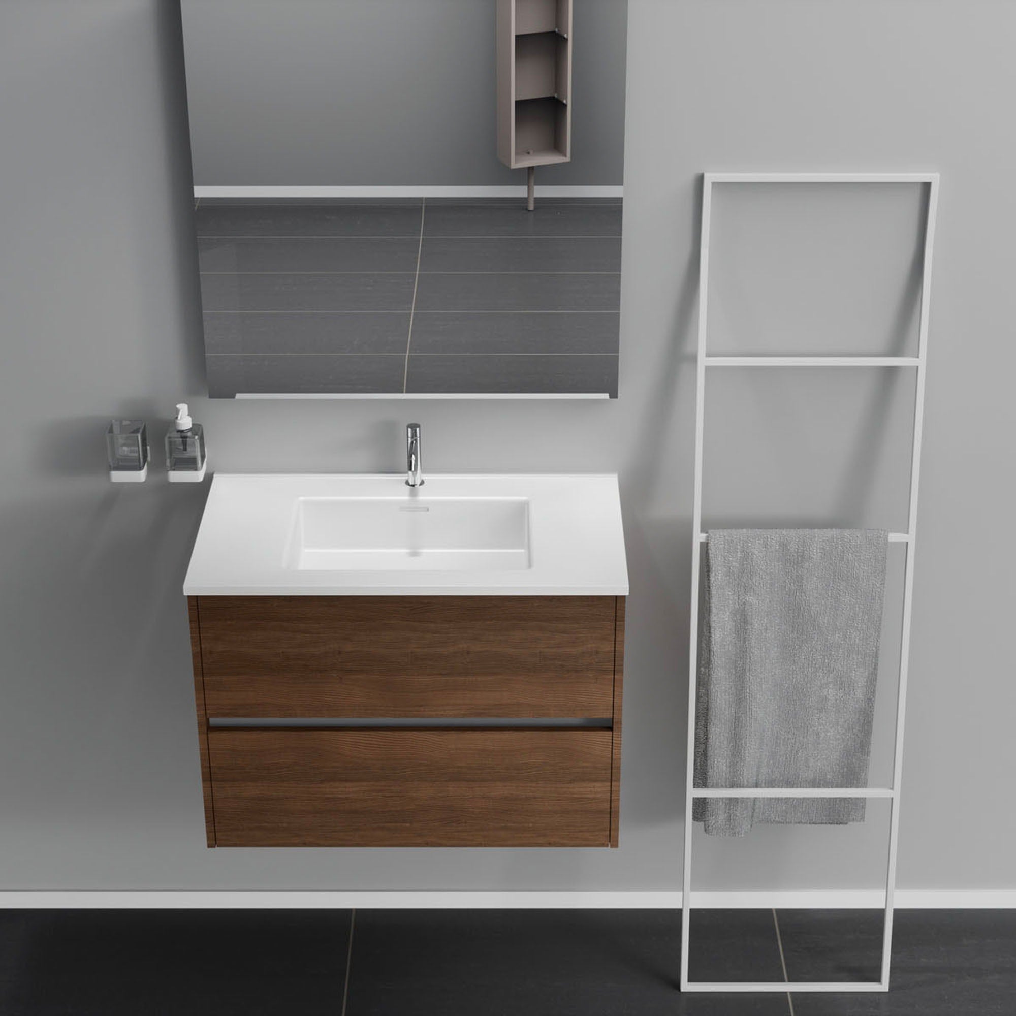 Inda - Mobile bagno 2 cassetti L.80 con lavabo specchio e lampada - Rovere castano