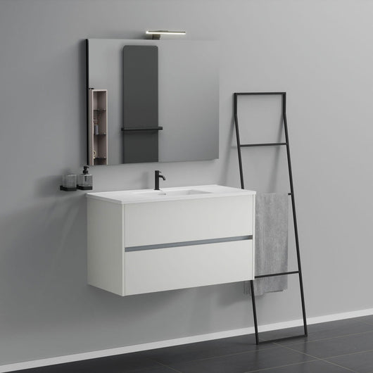 Inda - Mobile bagno 2 cassetti L.100 con lavabo specchio e lampada - Bianco opaco