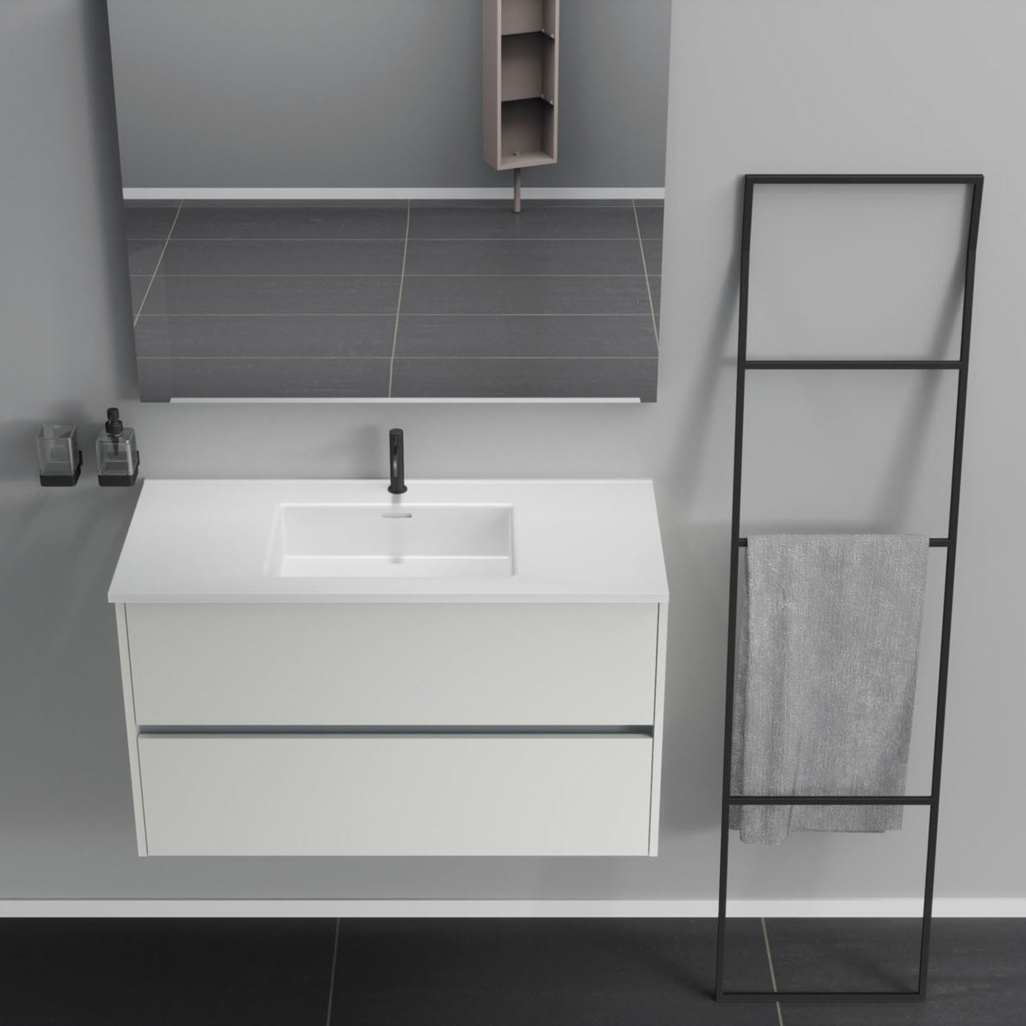 Inda - Mobile bagno 2 cassetti L.100 con lavabo specchio e lampada - Bianco opaco