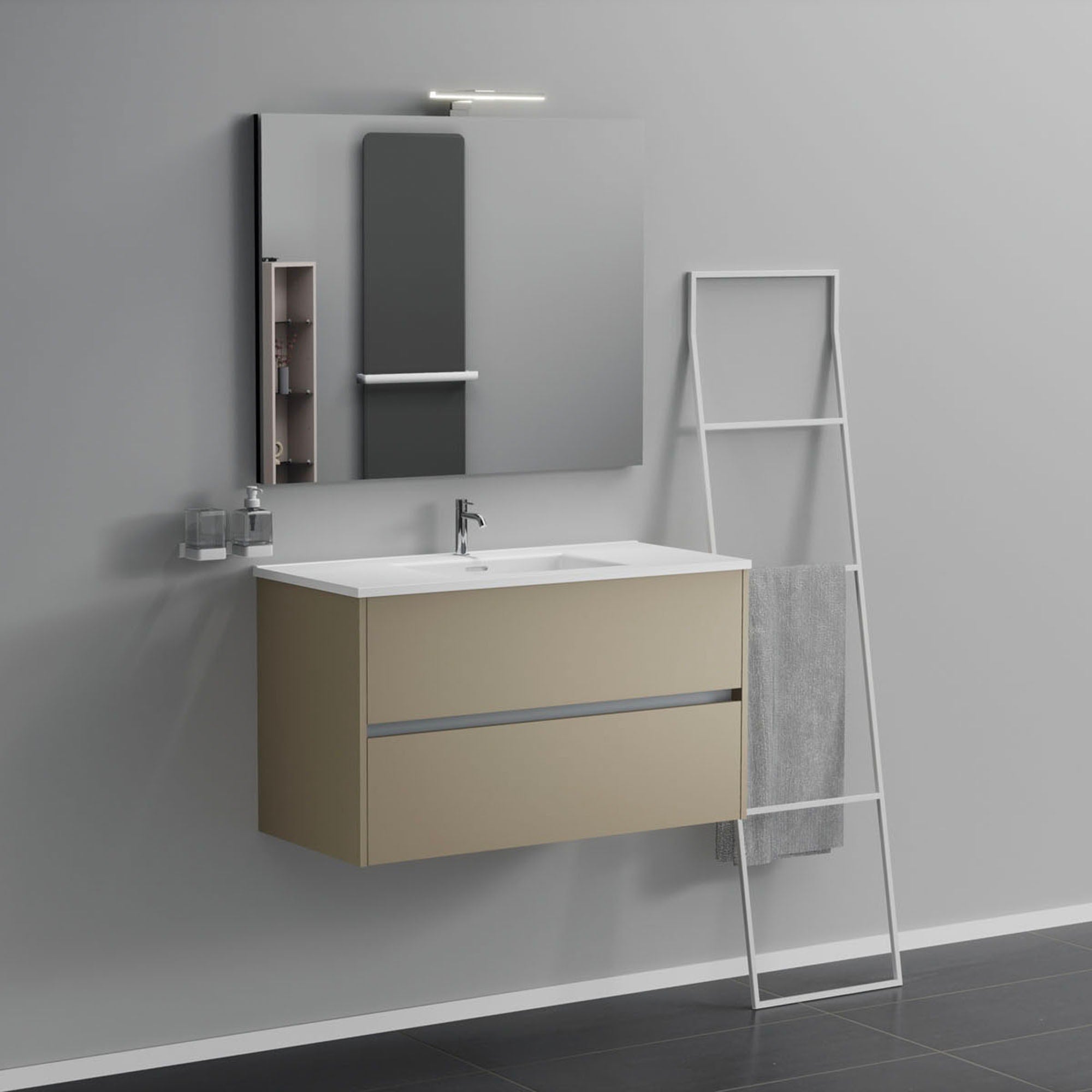 Inda - Mobile bagno 2 cassetti L.100 con lavabo specchio e lampada - Terra di luna opaco