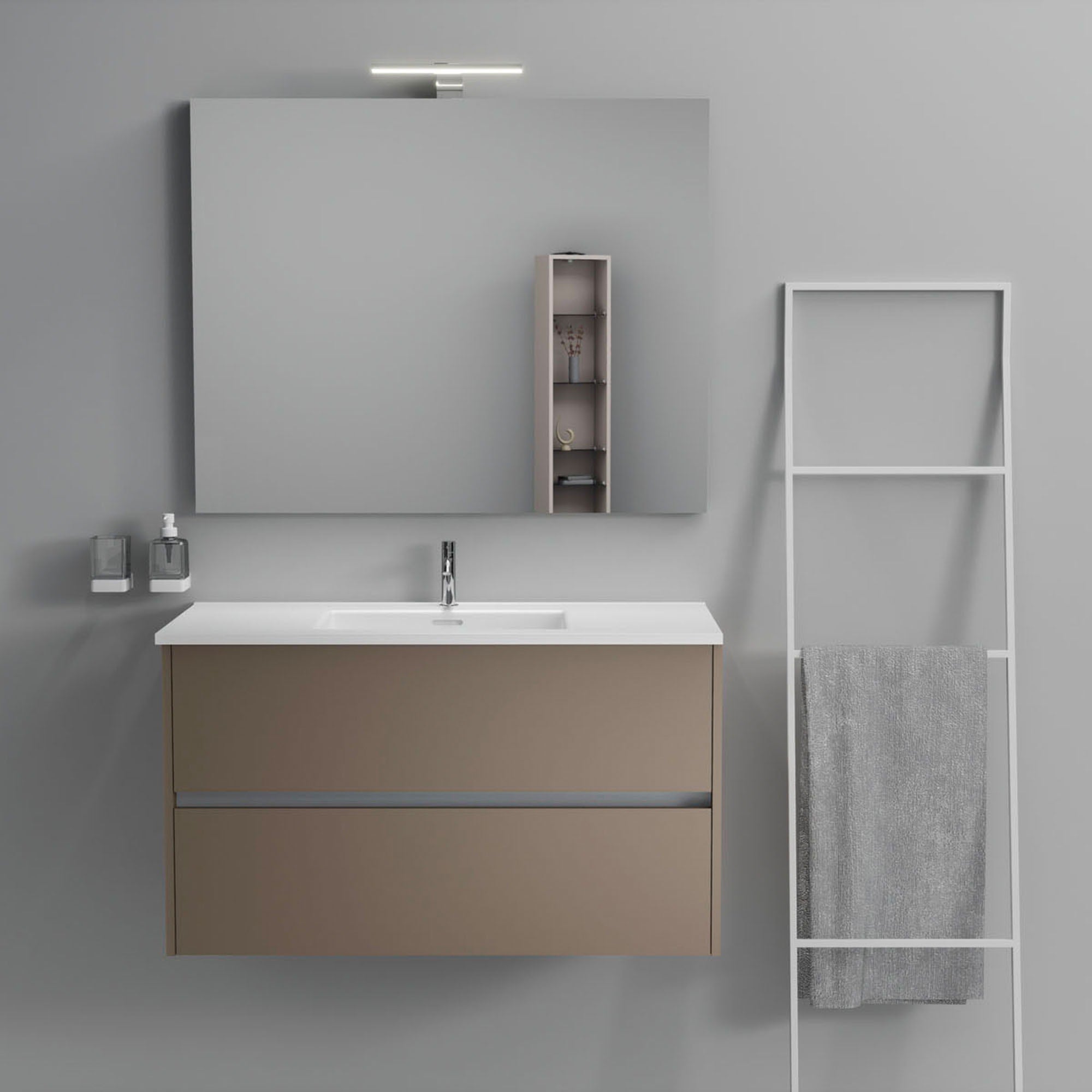 Inda - Mobile bagno 2 cassetti L.100 con lavabo specchio e lampada - Visone opaco