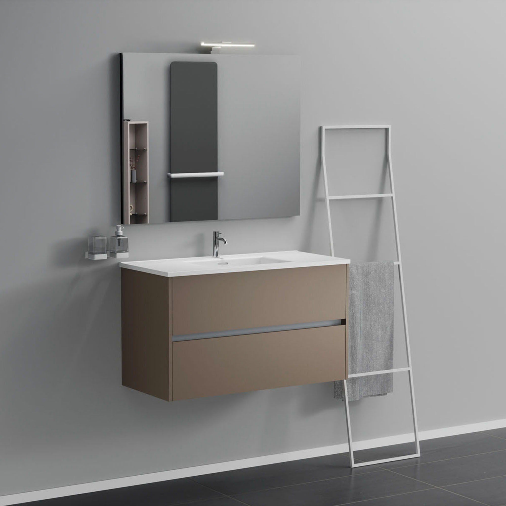 Inda - Mobile bagno 2 cassetti L.100 con lavabo specchio e lampada - Visone opaco