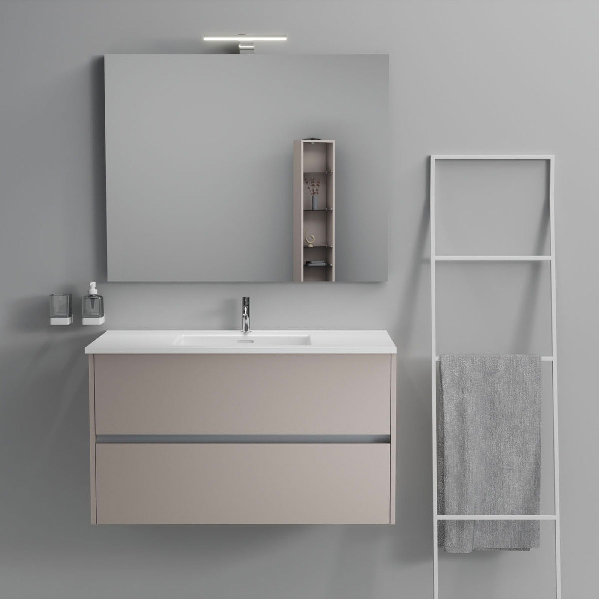 Inda - Mobile bagno 2 cassetti L.100 con lavabo specchio e lampada - Avorio opaco