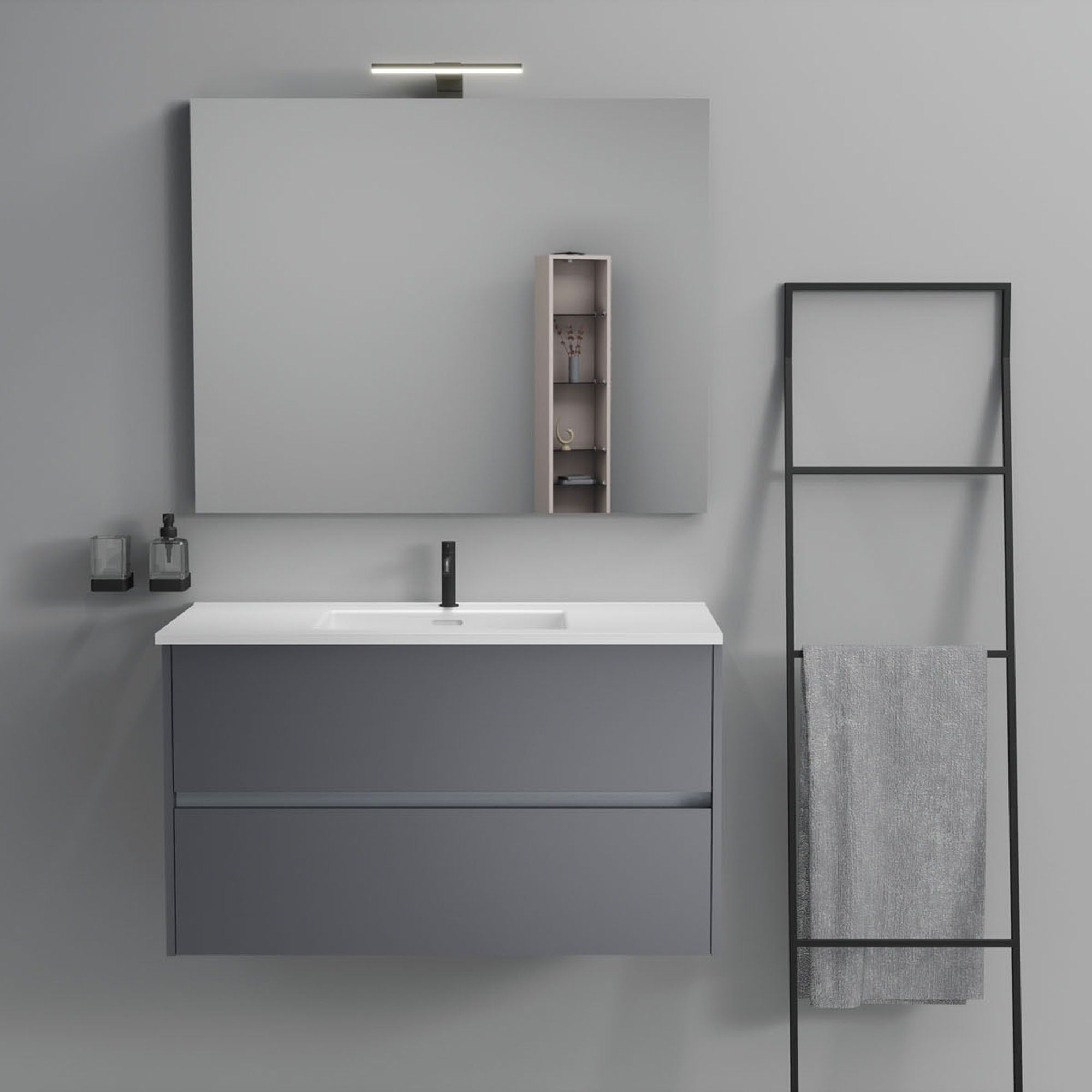Inda - Mobile bagno 2 cassetti L.100 con lavabo specchio e lampada - Titanio opaco