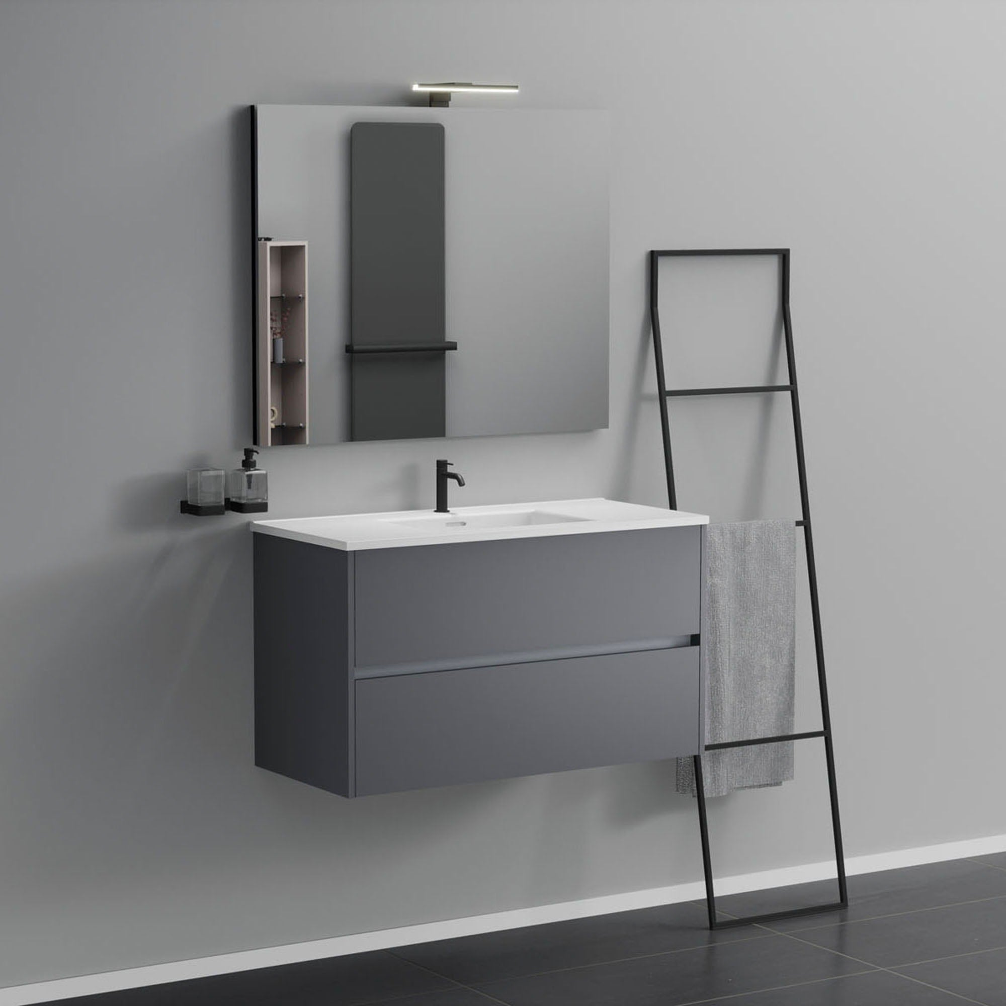 Inda - Mobile bagno 2 cassetti L.100 con lavabo specchio e lampada - Titanio opaco
