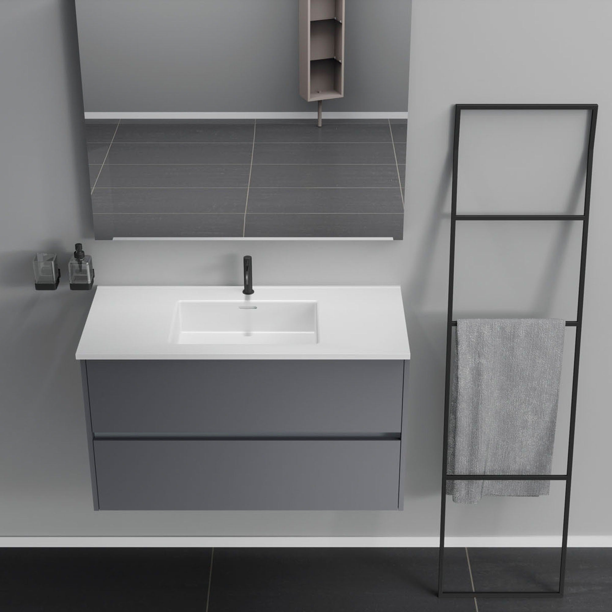 Inda - Mobile bagno 2 cassetti L.100 con lavabo specchio e lampada - Titanio opaco