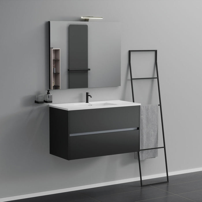 Inda - Mobile bagno 2 cassetti L.100 con lavabo specchio e lampada - Nero opaco