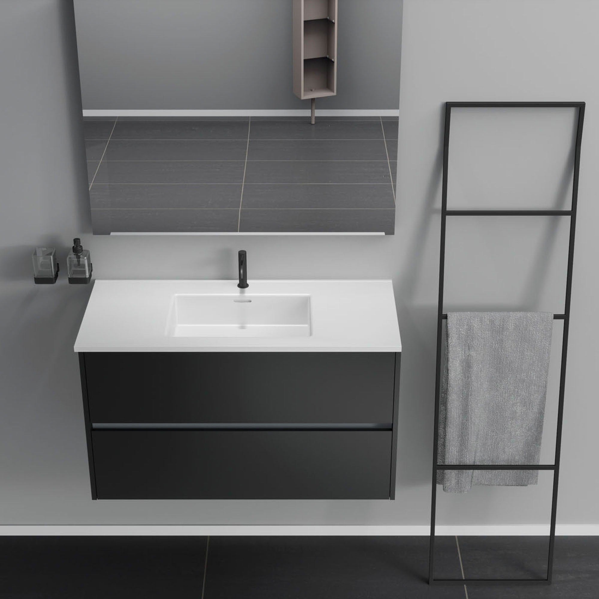 Inda - Mobile bagno 2 cassetti L.100 con lavabo specchio e lampada - Nero opaco
