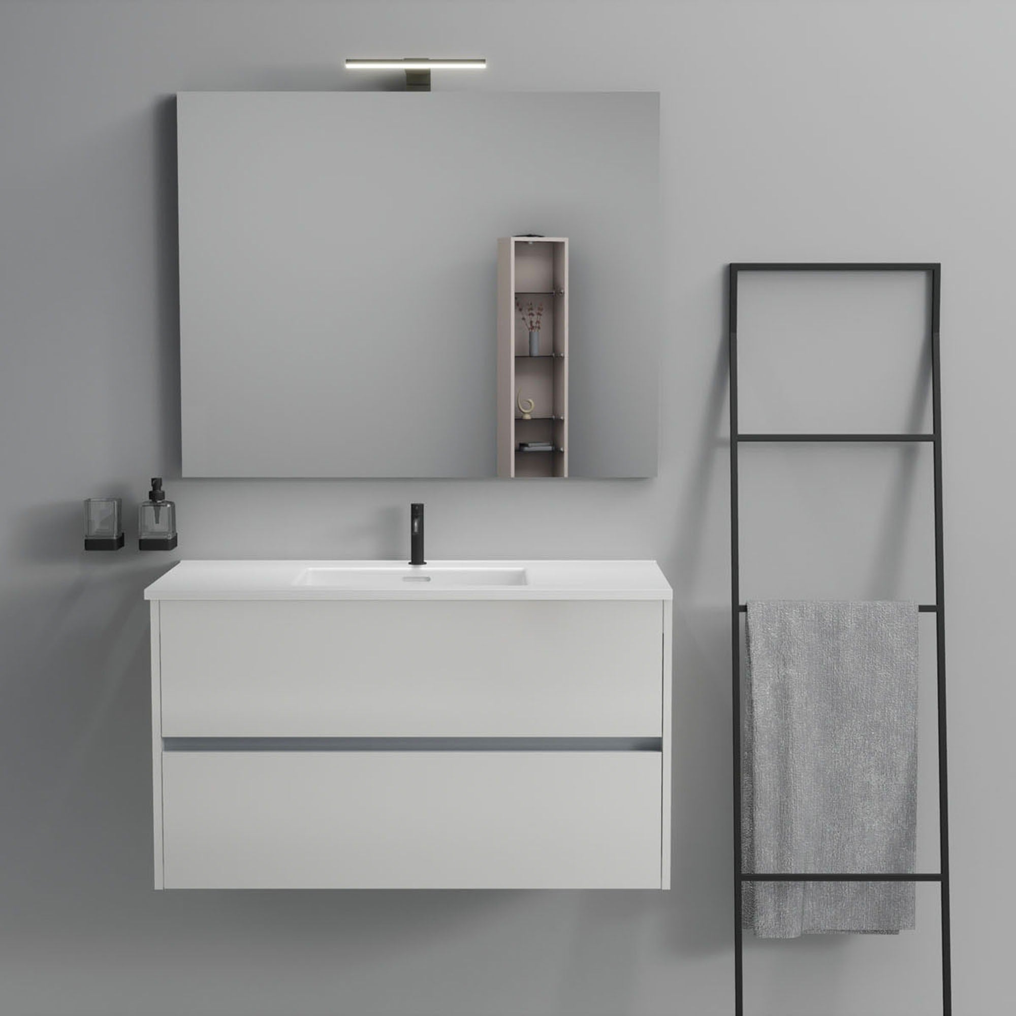 Inda - Mobile bagno 2 cassetti L.100 con lavabo specchio e lampada - Bianco lucido