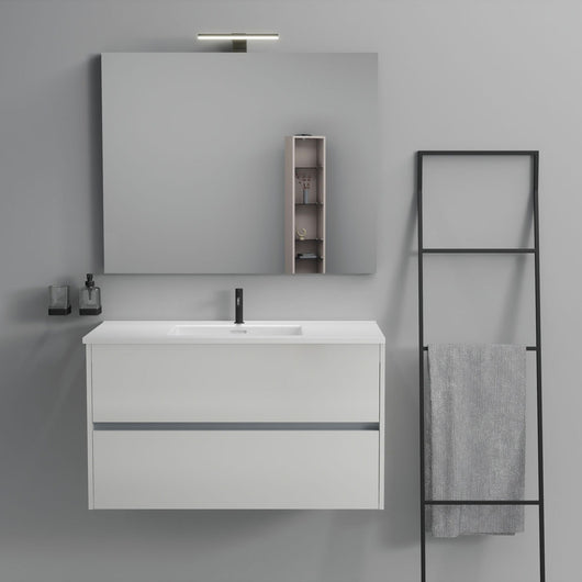 Inda - Mobile bagno 2 cassetti L.100 con lavabo specchio e lampada - Bianco lucido