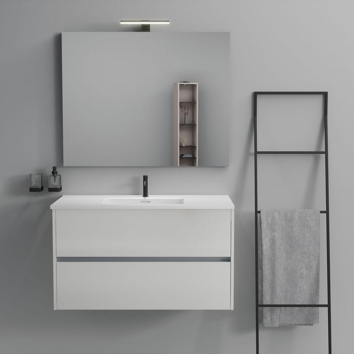 Inda - Mobile bagno 2 cassetti L.100 con lavabo specchio e lampada - Bianco lucido