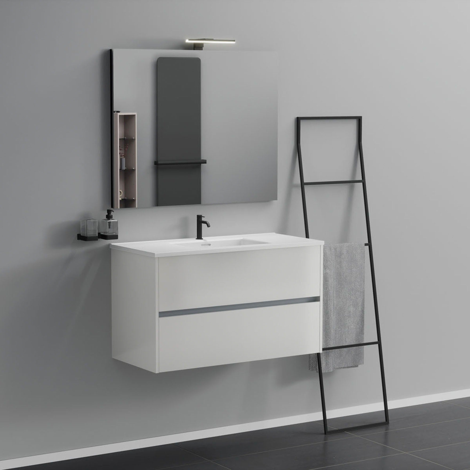 Inda - Mobile bagno 2 cassetti L.100 con lavabo specchio e lampada - Bianco lucido