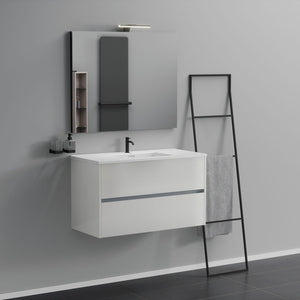 Inda - Mobile bagno 2 cassetti L.100 con lavabo specchio e lampada - Bianco lucido