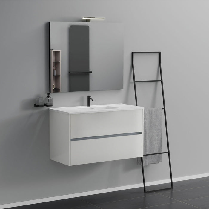 Inda - Mobile bagno 2 cassetti L.100 con lavabo specchio e lampada - Bianco lucido