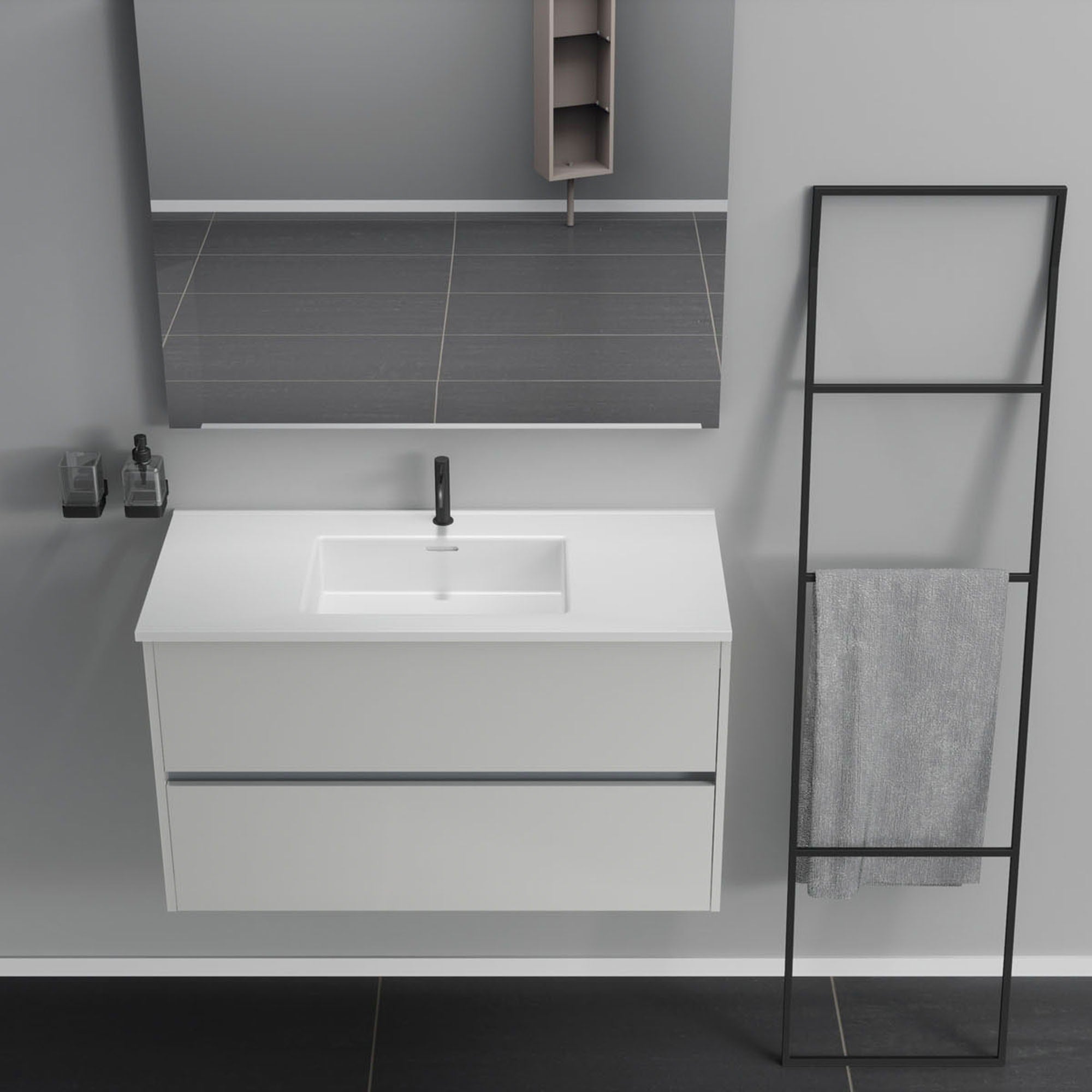 Inda - Mobile bagno 2 cassetti L.100 con lavabo specchio e lampada - Bianco lucido