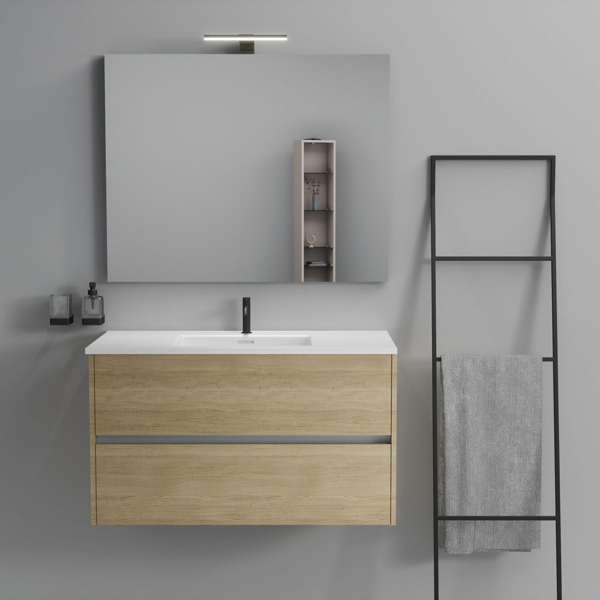 Inda - Mobile bagno 2 cassetti L.100 con lavabo specchio e lampada - Rovere naturale