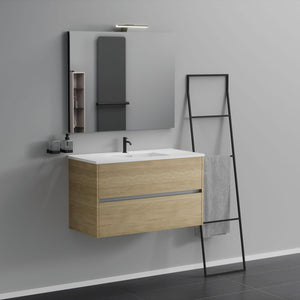 Inda - Mobile bagno 2 cassetti L.100 con lavabo specchio e lampada - Rovere naturale
