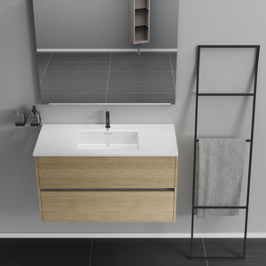 Inda - Mobile bagno 2 cassetti L.100 con lavabo specchio e lampada - Rovere naturale