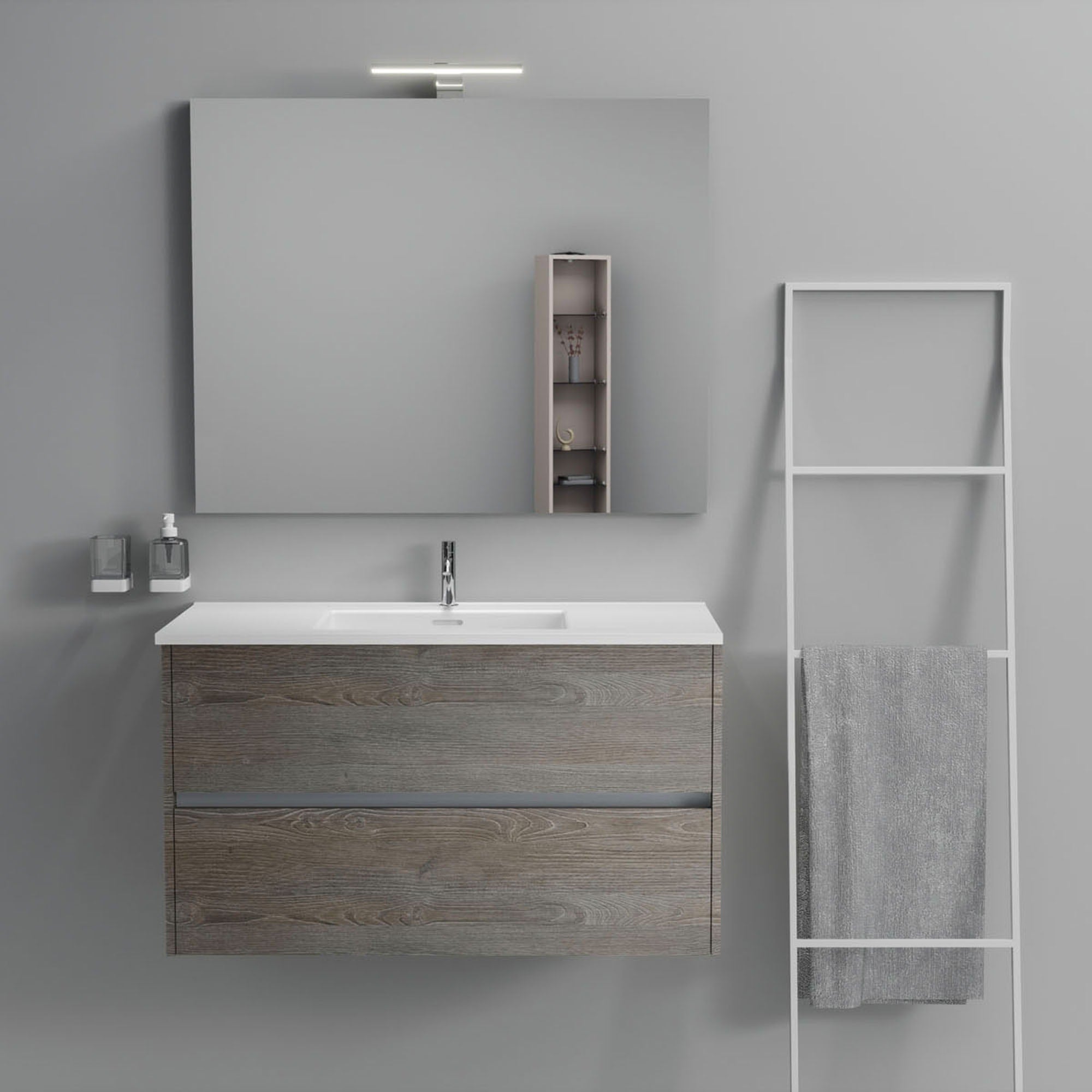 Inda - Mobile bagno 2 cassetti L.100 con lavabo specchio e lampada - Olmo fumè